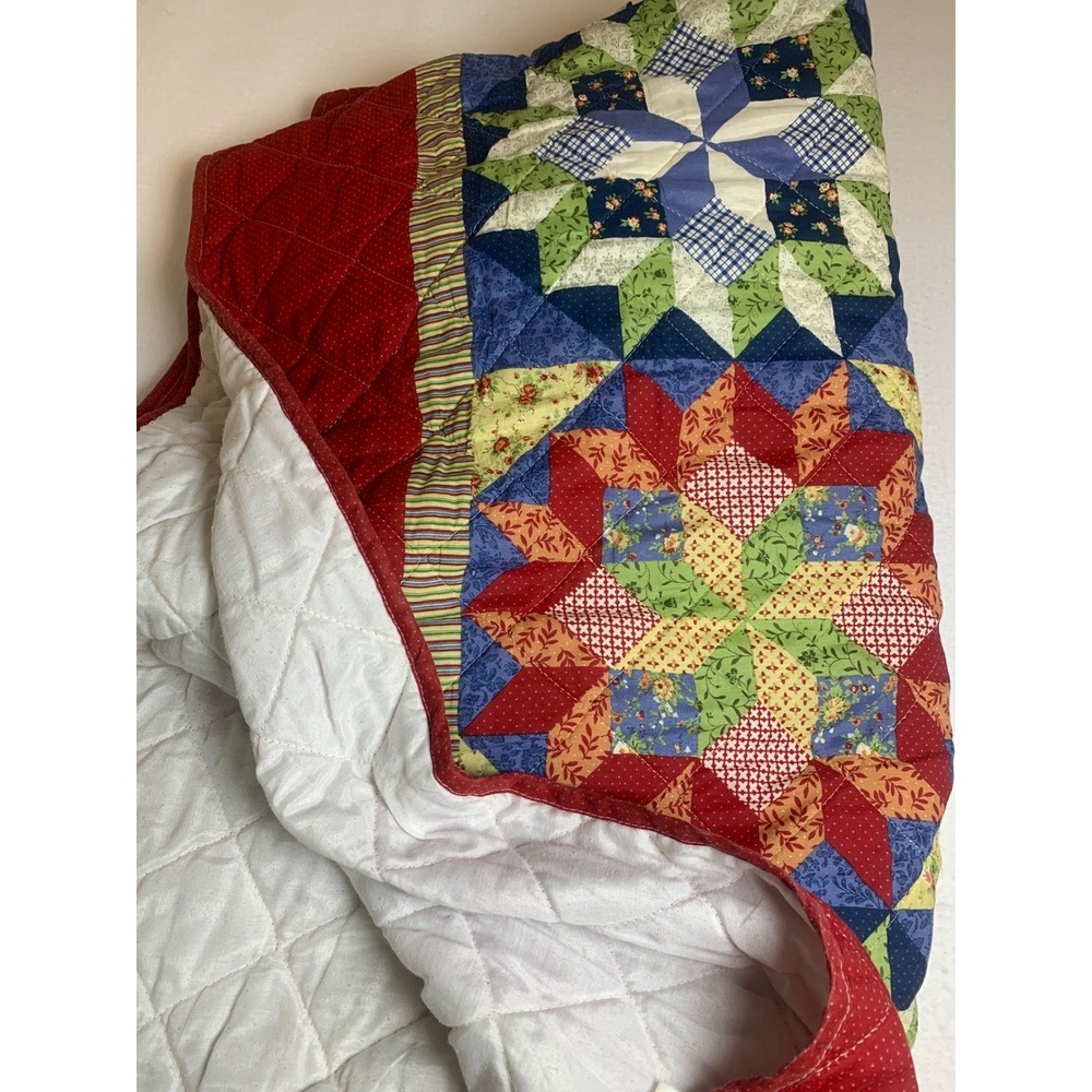 Vintage Walmart Star Patchwork Quilt Red Blue Green Floral Polka Dot Bedspread - Picture 12 of 12